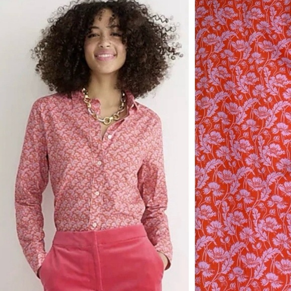 J. Crew x Liberty® Buttondown Size 4 Orange Floral Slim Top Cotton Toutouayette - Picture 1 of 14